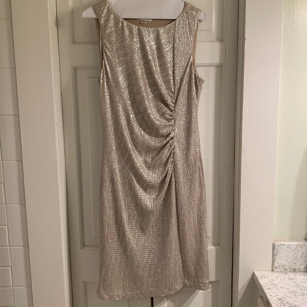 Calvin Klein gold shimmer ruched dress